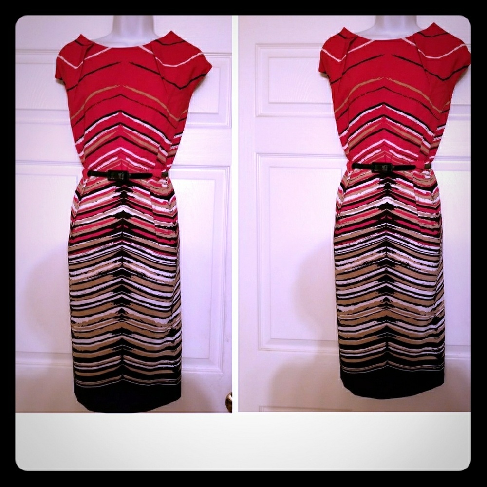 Beautiful red,black&tan striped print sheath dress